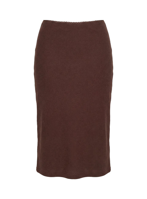 back view of model wearing Princess Polly Baseline Rib Midi Skirt Chocolate Midi Skirts Skirts 