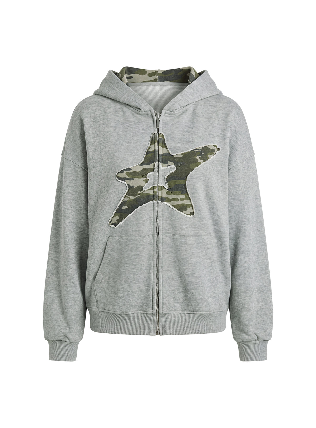 Explore the Chelzie Zip Through Graphic Hoodie Grey Marle / Camo in womens jumpers with oversized fit, hood details, camo print, and short length product Princess Polly