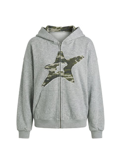 Explore the Chelzie Zip Through Graphic Hoodie Grey Marle / Camo in womens jumpers with oversized fit, hood details, camo print, and short length product Princess Polly