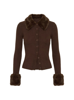 Chiqueeta Faux Fur Trim Knit Cardigan Chocolate
