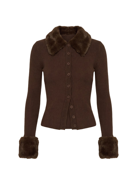 Chiqueeta Faux Fur Trim Knit Cardigan Chocolate