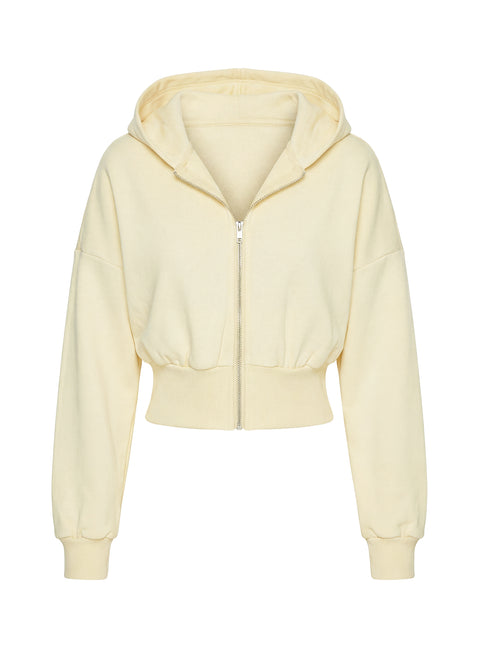 back view of model wearing Princess Polly Daytime Cropped Blouson Hoodie Buttercream Cropped Jumpers Jumpers 