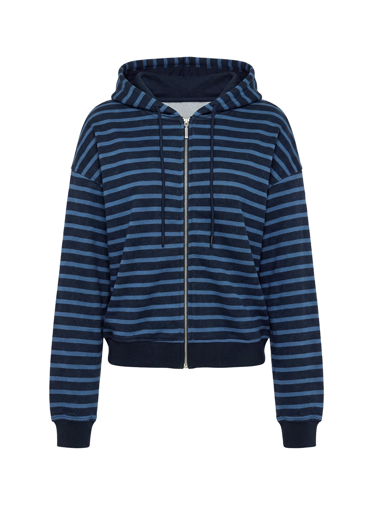 Flat lay displaying the Delaeni Zip Through Hoodie Blue Stripe womens-jumpers in short length product Princess Polly