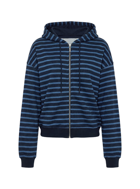 Flat lay displaying the Delaeni Zip Through Hoodie Blue Stripe womens-jumpers in short length product Princess Polly