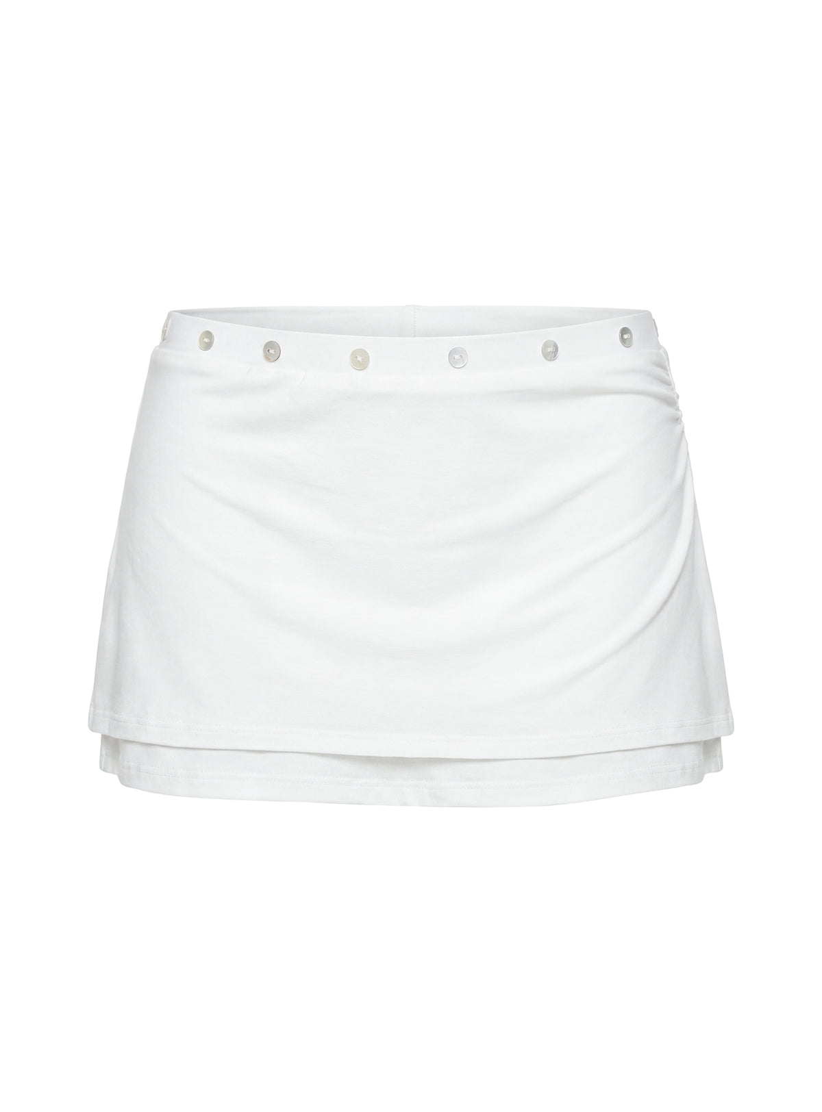 Highlighting the Esperia Button Layered Mini Skirt White in womens-skirts with mini length detail Princess Polly