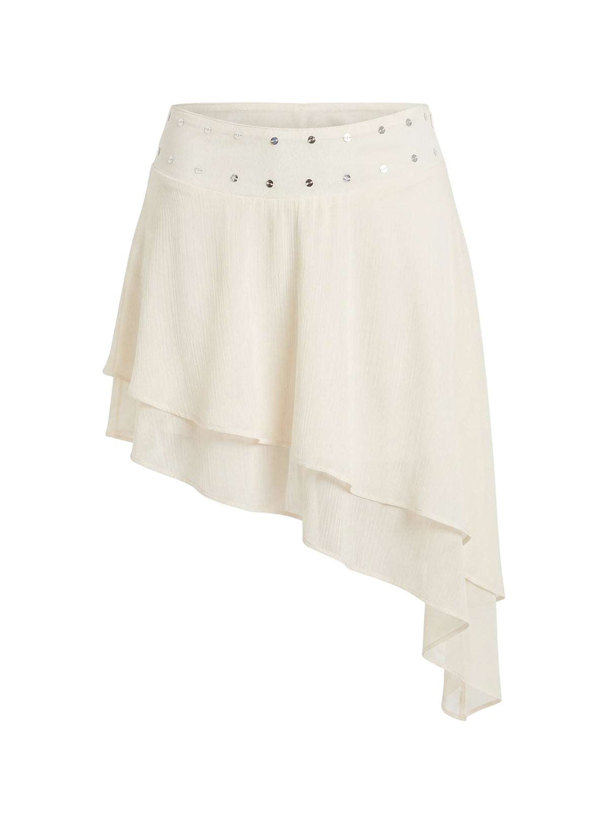 Presenting the Gemmina Asymmetrical Chiffon Mini Skirt Cream womens-skirts in relaxed fit with mini length Princess Polly