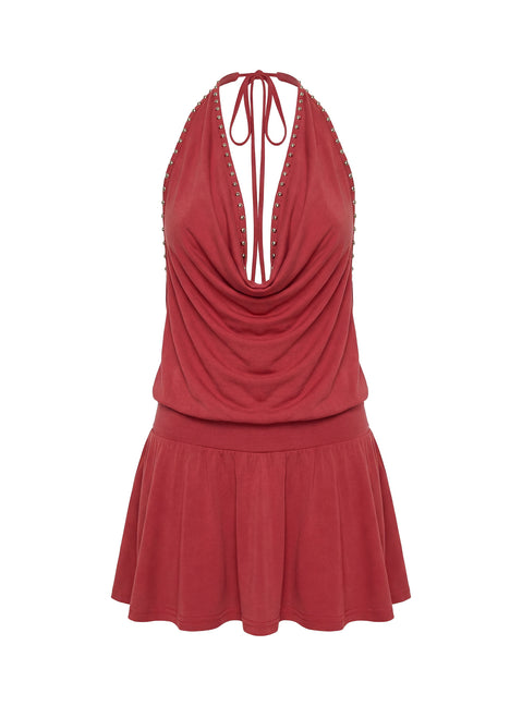 Khoda Studded Halter Mini Dress Burgundy