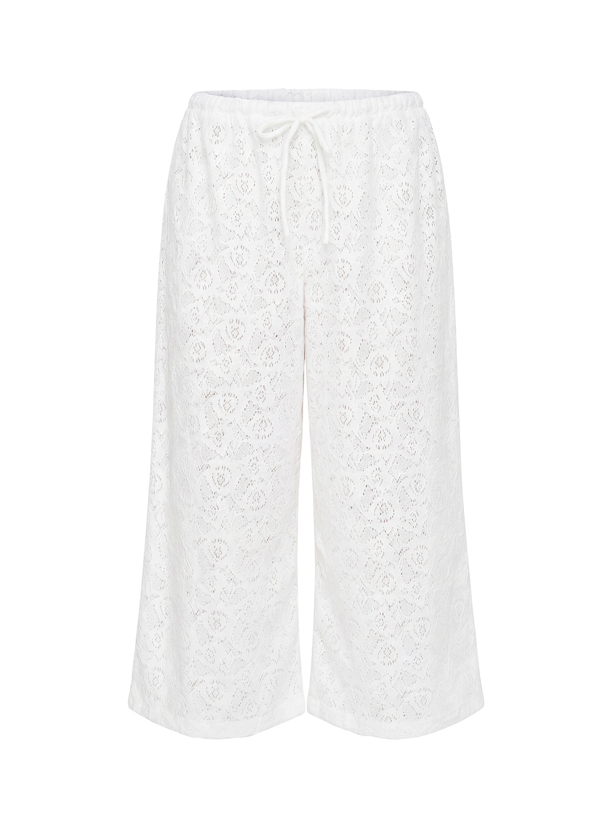 Highlighting the Kiss Me Quick 3/4 Lace Drawstring Pants White in womens regular pants with mid-rise waist detail Princess Polly
