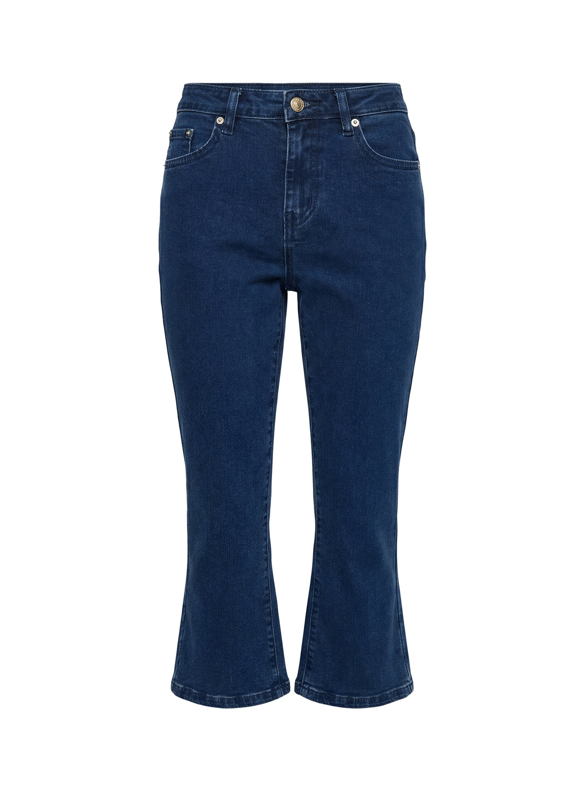 back view of model wearing Princess Polly Kissimo Kick Flare Capri Pants Indigo Blue Mid Rise Jeans Jeans 