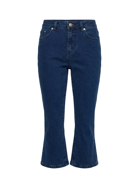 back view of model wearing Princess Polly Kissimo Kick Flare Capri Pants Indigo Blue Mid Rise Jeans Jeans 