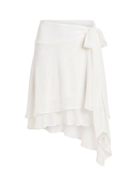 Crafted in ivory, the Ophella Tie Waist Chiffon Midi Skirt Cream womens-skirts with asymmetry and layered details product Princess Polly