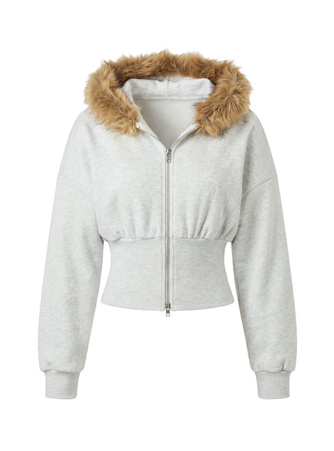 The Ramonda Faux Fur Hooded Jumper in Grey Marle, a short oversized womens jumper flatlay product Princess Polly