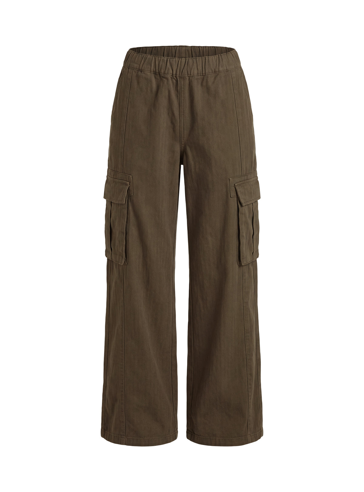 Highlighting the elasticated waistband detail of Scarletta Ultra Wide Cargo Pants Khaki in womens regular high-rise pants Princess Polly