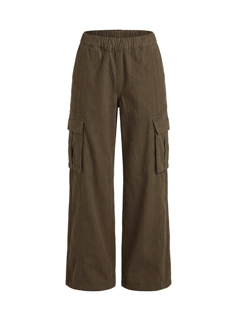 Highlighting the elasticated waistband detail of Scarletta Ultra Wide Cargo Pants Khaki in womens regular high-rise pants Princess Polly