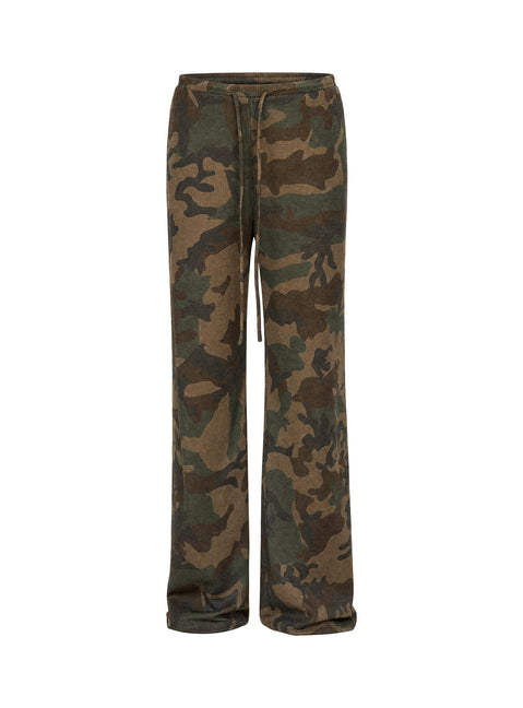 Illustrating the Seylah Waffle Jersey Pants in camo print, womens regular mid-rise wide-leg trousers, product view