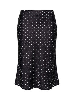 Highlighting the Somani Satin Midi Skirt Black Polka Dot womens-skirts in midi length Princess Polly