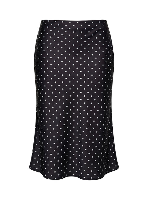 Highlighting the Somani Satin Midi Skirt Black Polka Dot womens-skirts in midi length Princess Polly