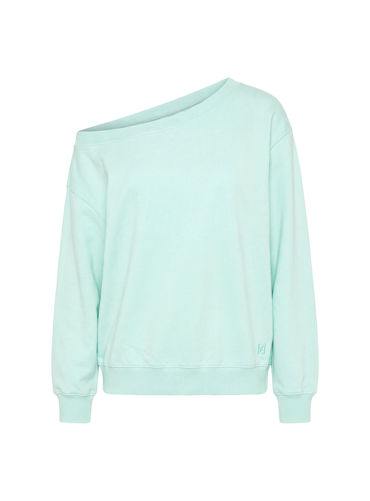 Highlighting the Wellness Off The Shoulder Sweatshirt in pale turquoise womens-jumpers with oversized fit, boat neckline and short length product