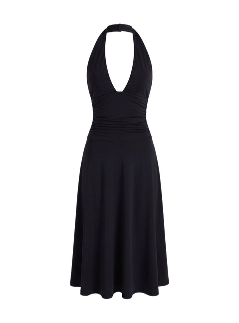 Zevani Plunge Halter Midi Dress Black