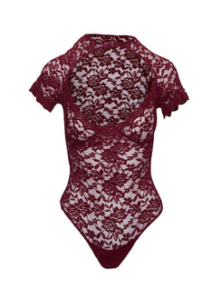 back view of model wearing Princess Polly Giallo Bodysuit Burgundy Short Sleeve 