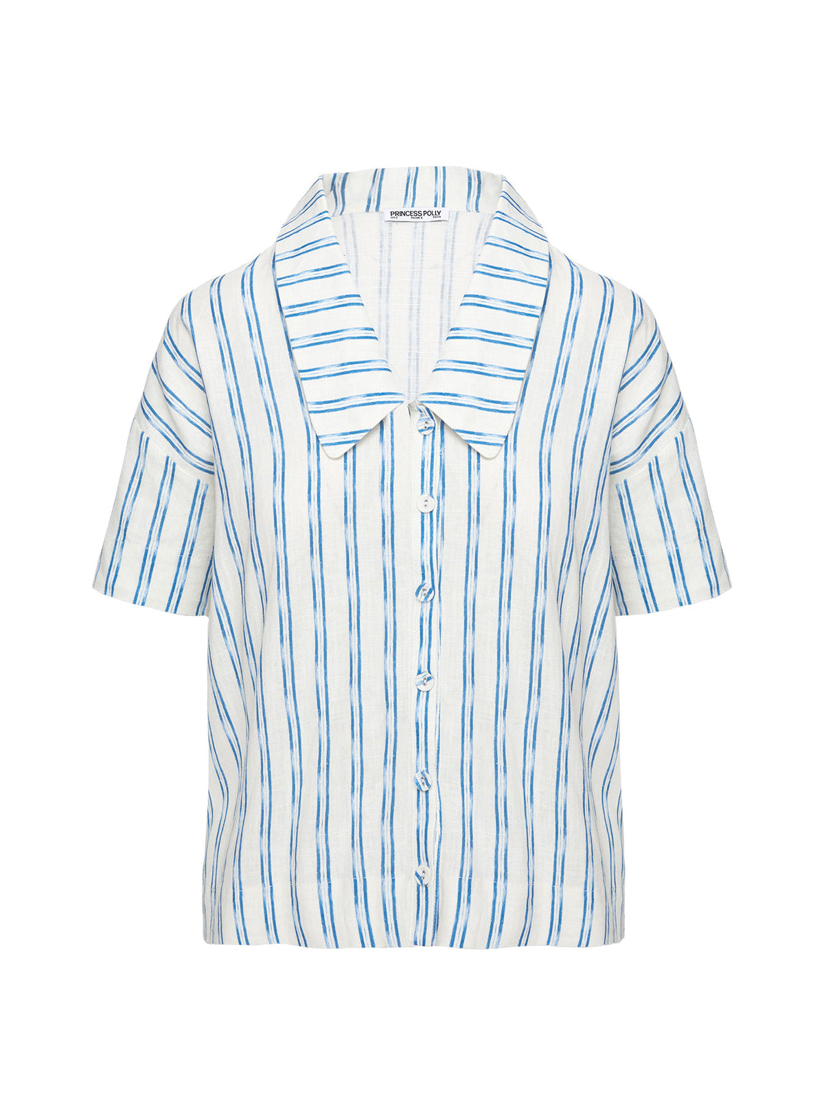 side view of model wearing Princess Polly Goody Linen Button Front Top Blue Stripe Short Sleeves V-Neck 