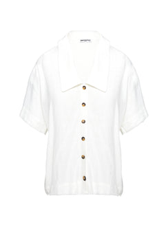 side view of model wearing Princess Polly Goody Linen Button Front Top White Half Sleeves V-Neck 