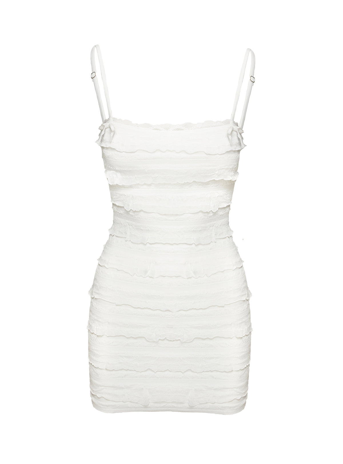 side view of model wearing Princess Polly Gradine Mini Dress White Square Neck 