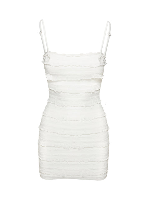 side view of model wearing Princess Polly Gradine Mini Dress White Square Neck 