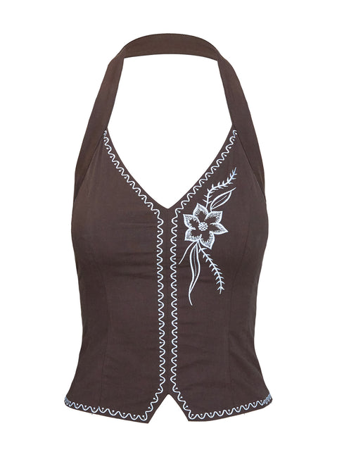 side view of model wearing Princess Polly Gustavo Top Chocolate Sleeveless V-Neck 