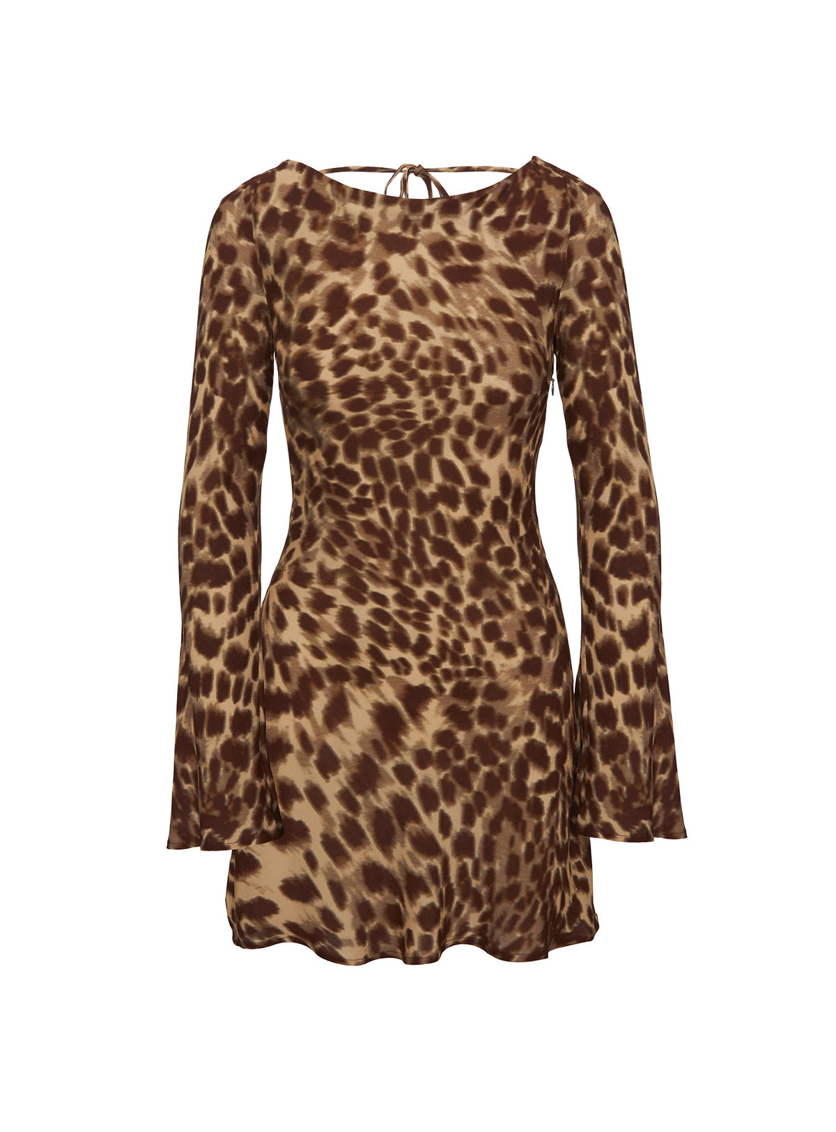 back view of model wearing Princess Polly Halo Bias Mini Dress Leopard Tall Boat Neck 