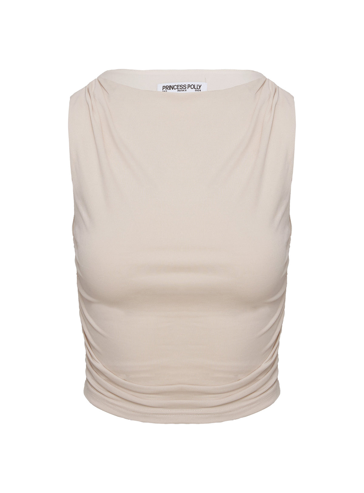 back view of model wearing Princess Polly Hold Em High Neck Top Cream Sleeveless High Neck 