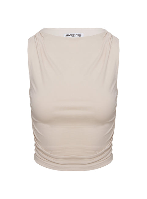 back view of model wearing Princess Polly Hold Em High Neck Top Cream Sleeveless High Neck 