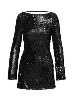 product Princess Polly Interstella Sequin Long Sleeve Mini Dress Black Boat Neck 