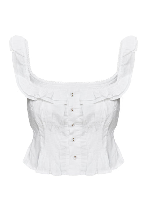 side view of model wearing Princess Polly Isadoria Frill Top White Curve Sleeveless Scoop Neck 