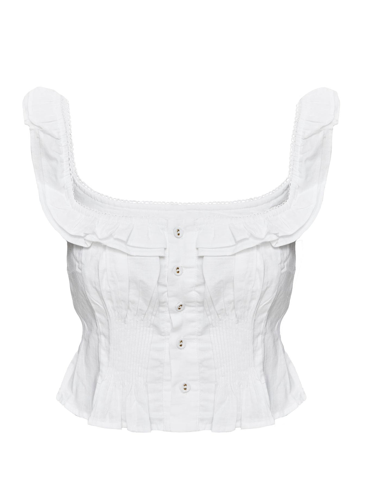 side view of model wearing Princess Polly Isadoria Frill Top White Sleeveless Square Neck 