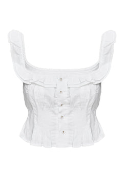 side view of model wearing Princess Polly Isadoria Frill Top White Sleeveless Square Neck 