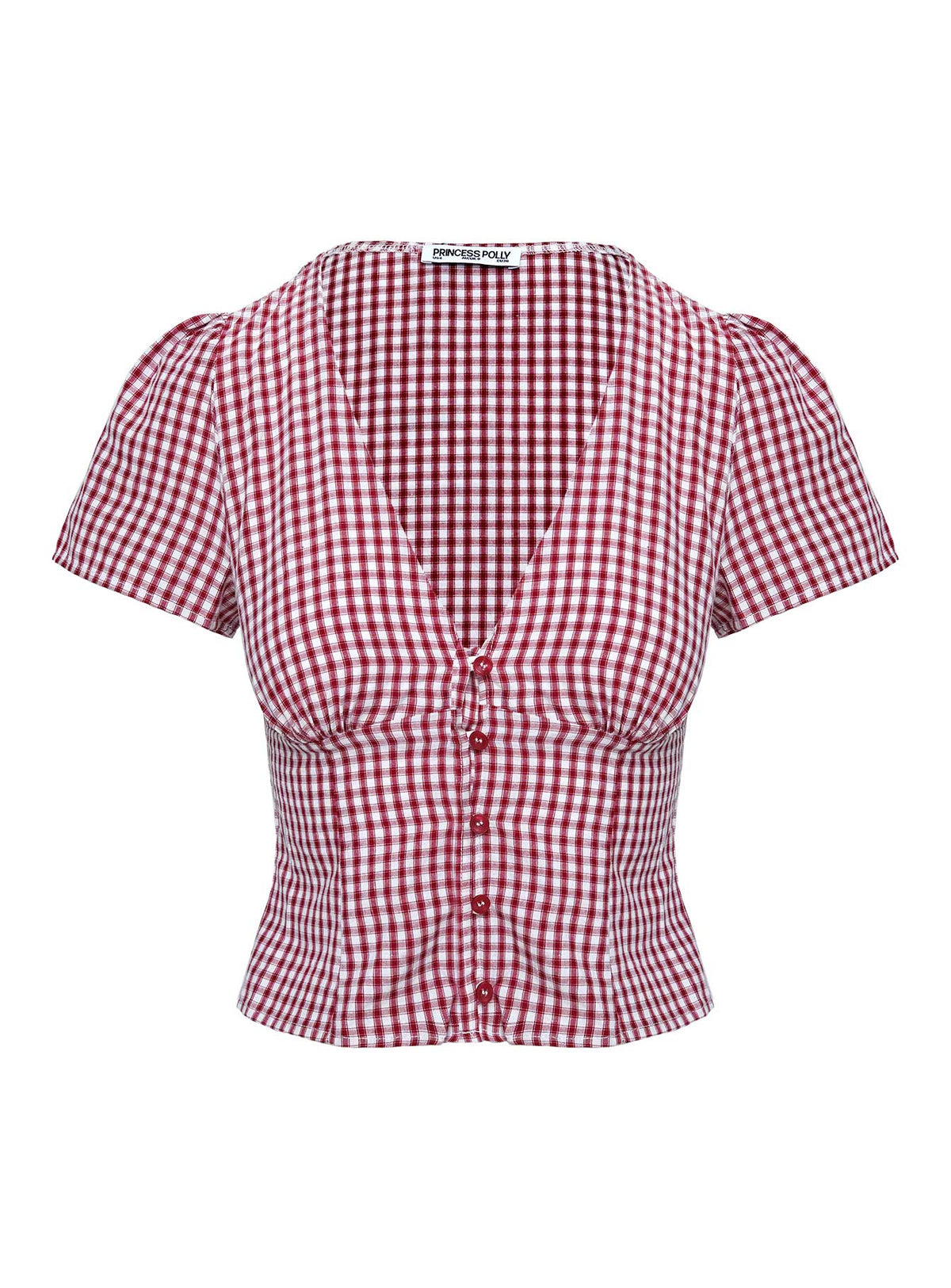 front view of model wearing Princess Polly Isolda Top Red Gingham Short Sleeves Plunger 