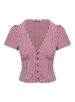 front view of model wearing Princess Polly Isolda Top Red Gingham Short Sleeves Plunger 