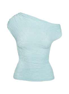 side view of model wearing Princess Polly In Heaven Textured Top Blue Short Sleeves Asymmetric Neckline 