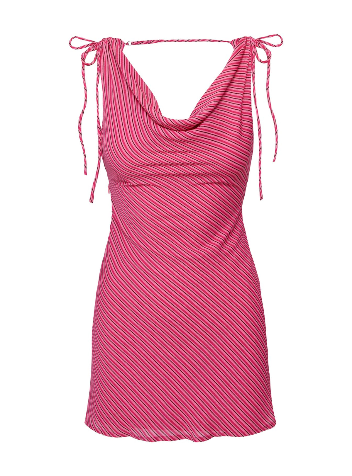 side view of model wearing Princess Polly Jasmi Mini Dress Pink Cowl Neck 