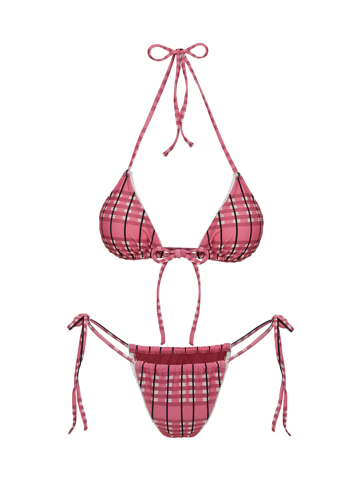 Jenner Tie Side Ruched Bikini Bottom Pink Check
