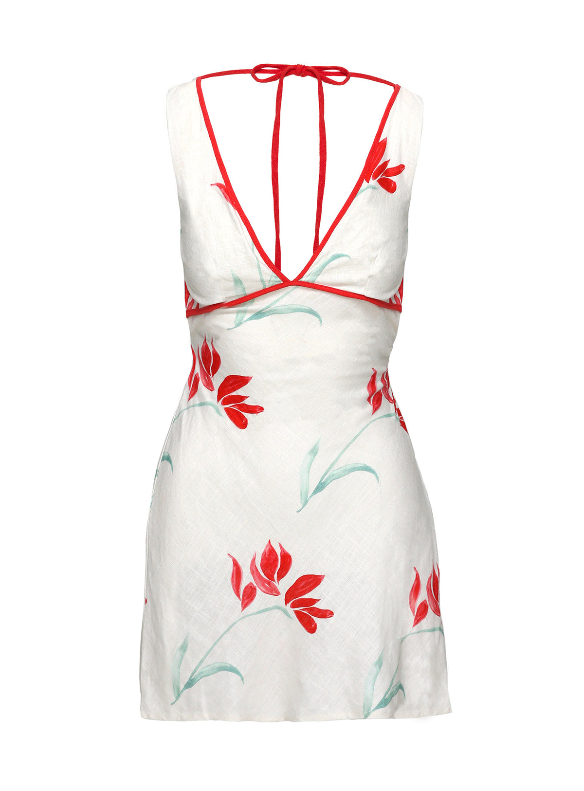 back view of model wearing Princess Polly Juli Mini Dress Floral Petite Plunger 