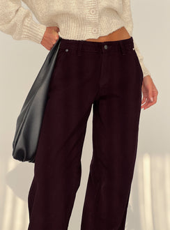 back view of model wearing Princess Polly Jacynda Low Waist Wide Leg Corduroy Jeans Currant Mid Rise Jeans Jeans 