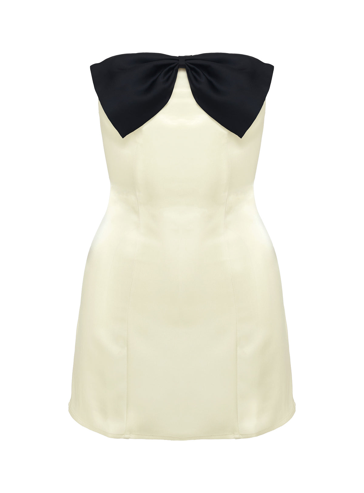 side view of model wearing Princess Polly Kesy Bow Tie Mini Dress Cream / Black Straight Neck 