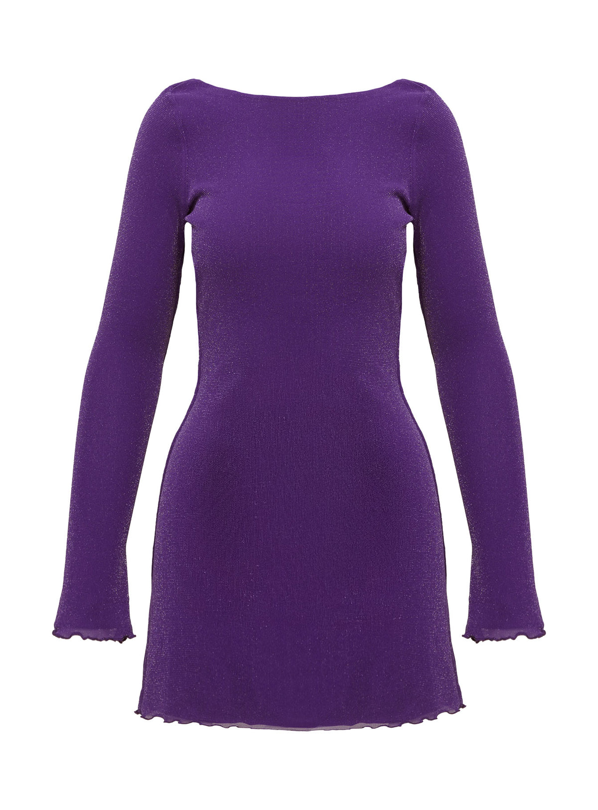 back view of model wearing Princess Polly Leshner Long Sleeve Mini Dress Purple Boat Neck 