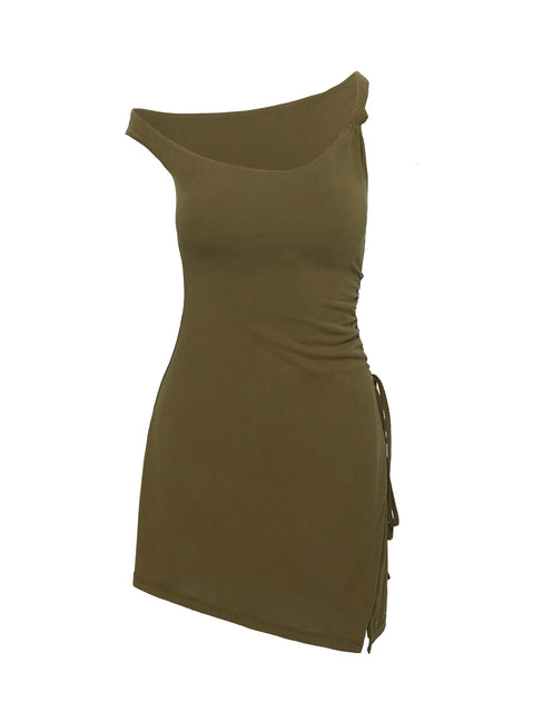 front view of model wearing Princess Polly Let Me Love Mini Dress Olive Asymmetric Neckline 