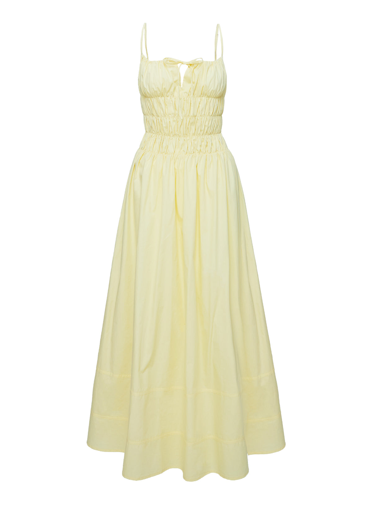 back view of model wearing Princess Polly Loralei Shirred Maxi Dress Yellow Square Neck 
