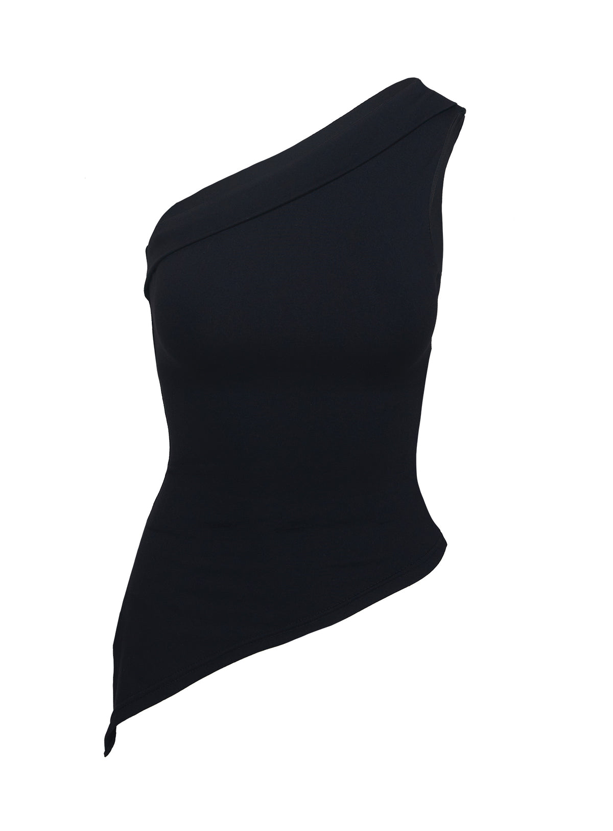 back view of model wearing Princess Polly Lunah One Shoulder Top Black Sleeveless Asymmetric Neckline 