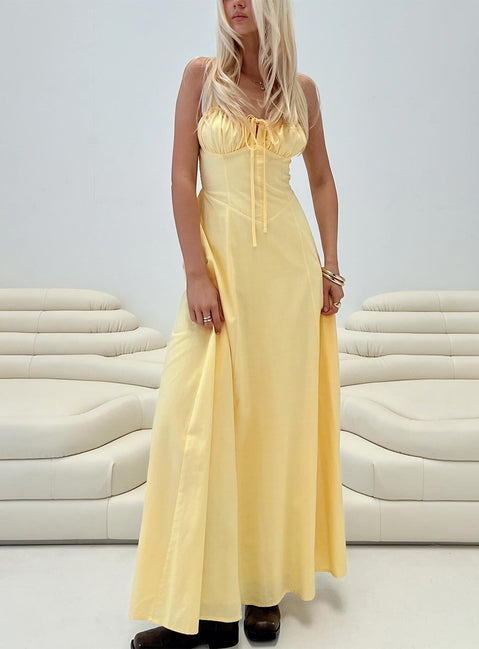 front view of model wearing Princess Polly Leticia Maxi Dress Lemon Sweetheart Neckline 