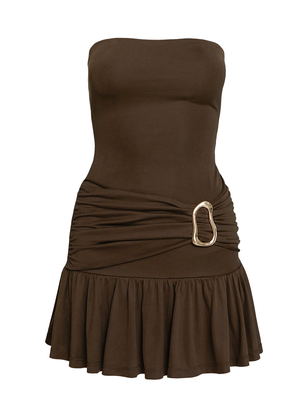 back view of model wearing Princess Polly Love Lingers Strapless Mini Dress Chocolate Straight Neck 
